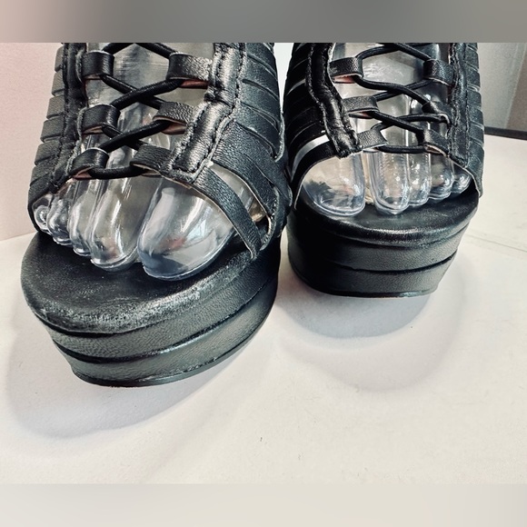 Mea Shadow Heels Gladiator Stiletto Platform BLACK Woven Leather SZ 6 - Picture 8 of 16
